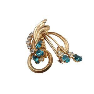 Vintage Gold Tone Brooch With Blue & Clear Rhinestones Floral Spray Design Elega